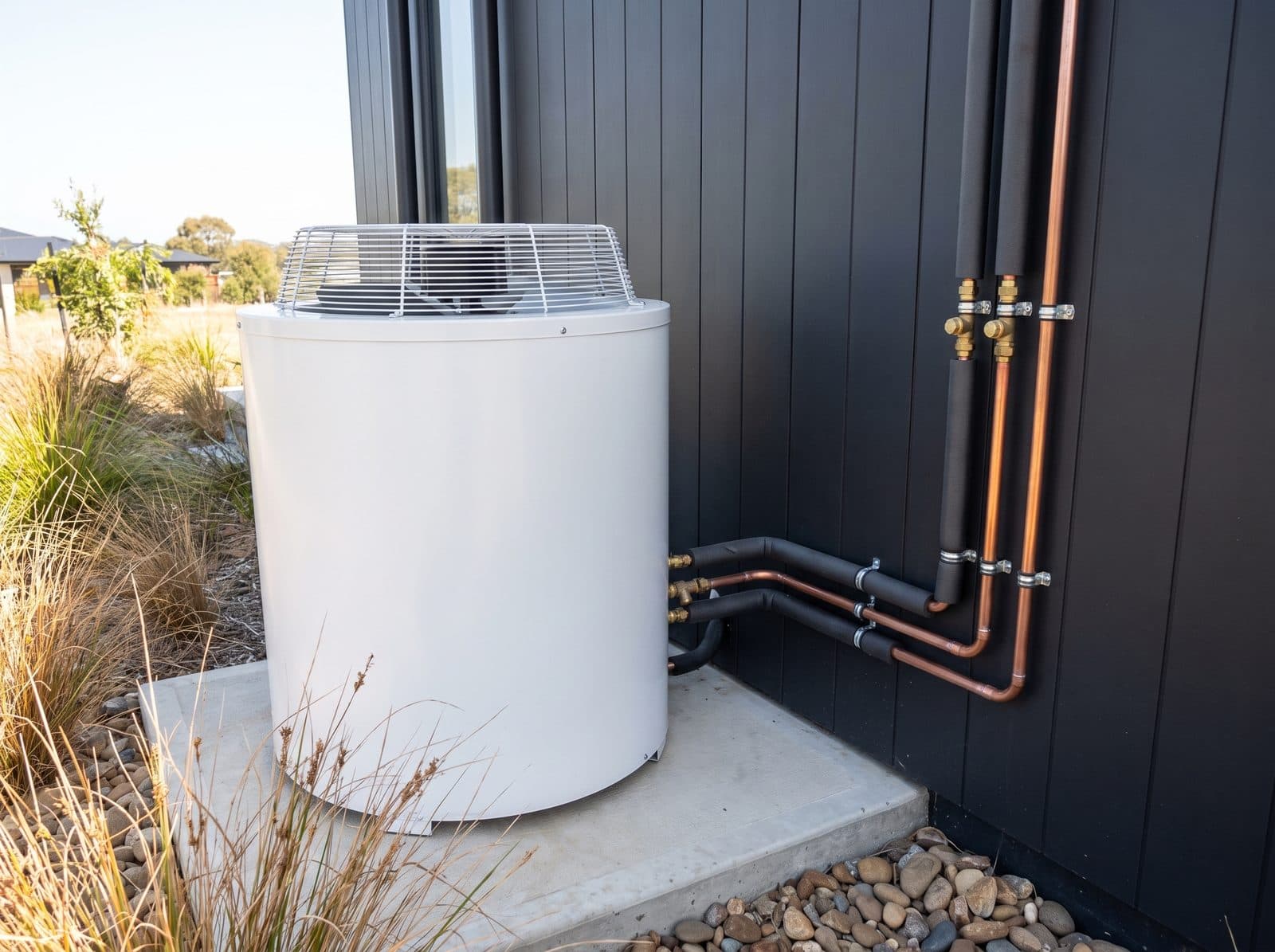 Heat pump hot water system installed outside a home