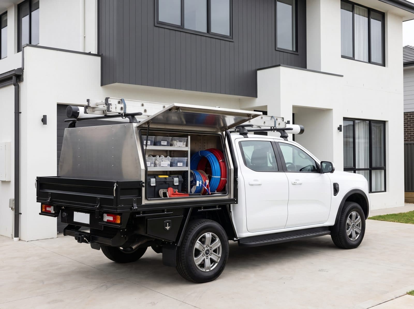 Zimco Plumbing ute with its canopy open on a client's driveway