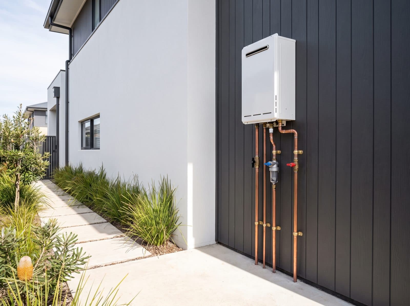 Gas continuous-flow hot water unit installed on a modern home