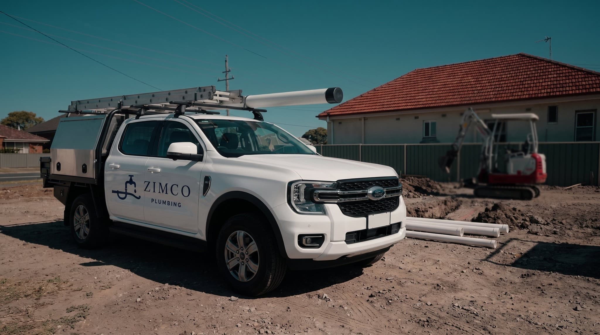 Zimco Plumbing's white work ute parked on a Newcastle job site, mini excavator and PVC pipe behind