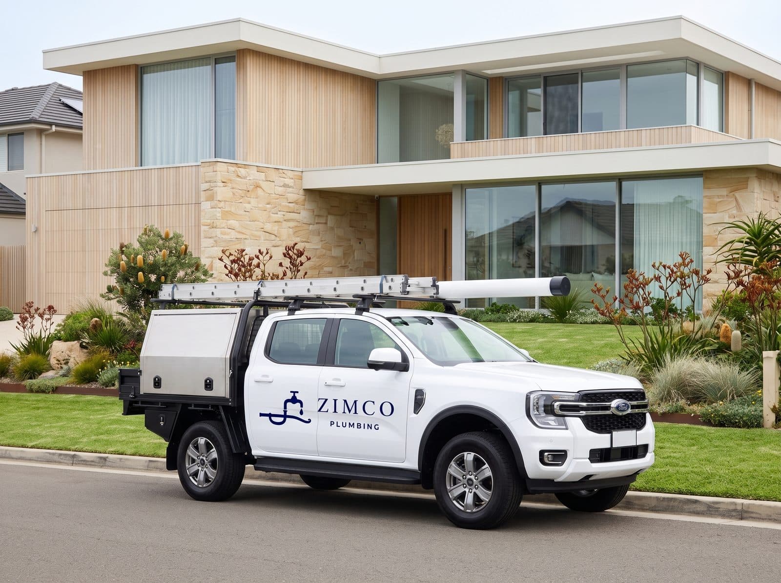 Zimco Plumbing ute parked outside a Newcastle home