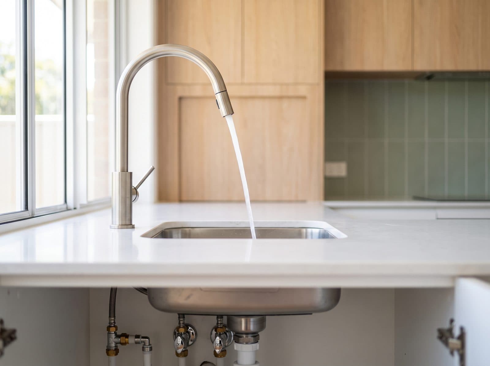 New kitchen mixer tap and sink plumbing
