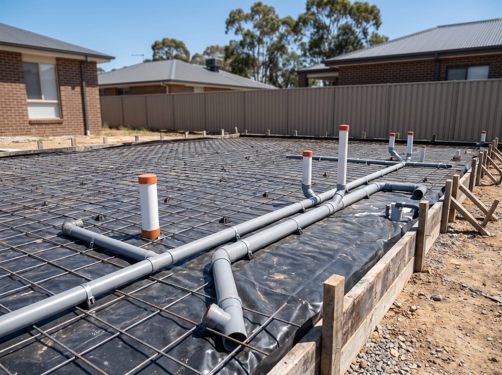 Under-slab plumbing set-out on a new home site in Newcastle
