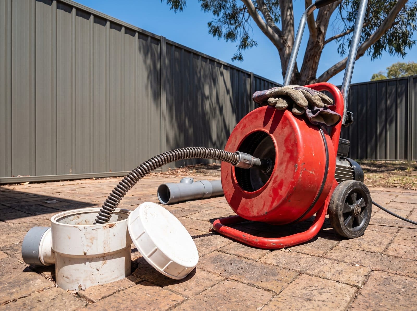 Drain cleaning machine at an opened sewer inspection point