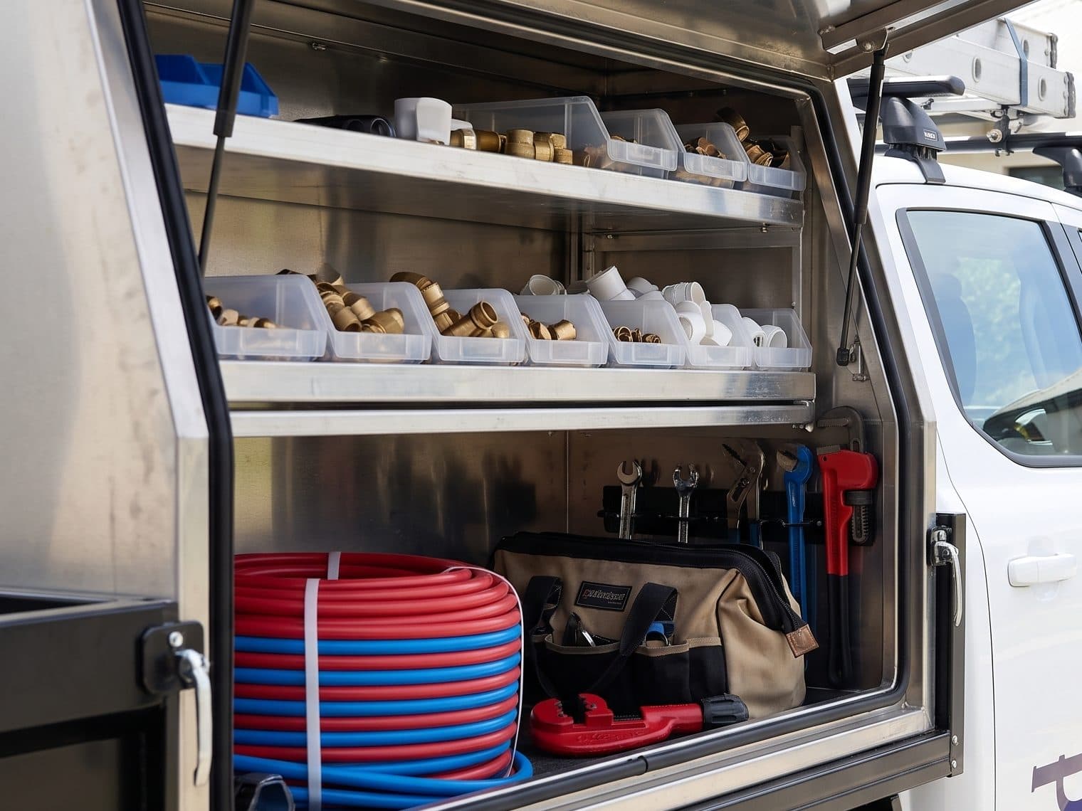 Organised plumbing fittings and tools in the Zimco ute canopy