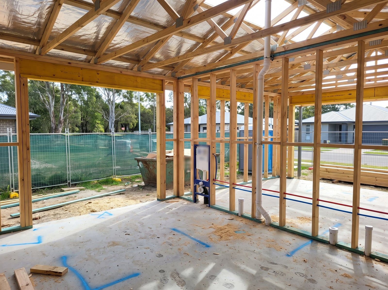 Plumbing rough-in on a new home frame: waste stubs in the slab, PEX through the studs and an in-wall cistern frame