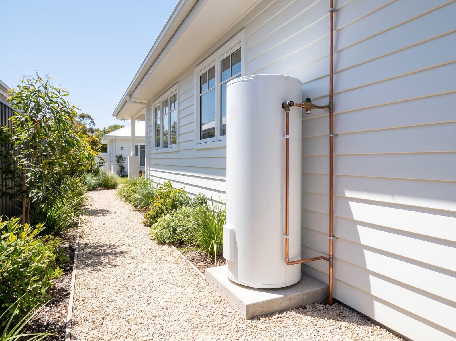 Electric hot water storage tank installed outside a home