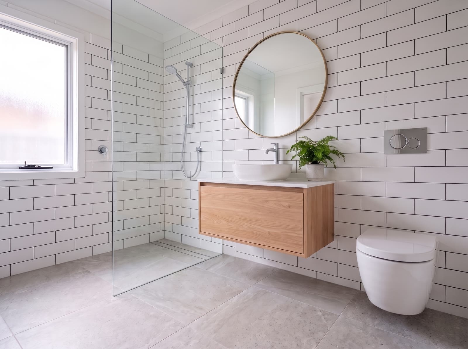 Finished bathroom with a round mirror, floating timber vanity and walk-in shower